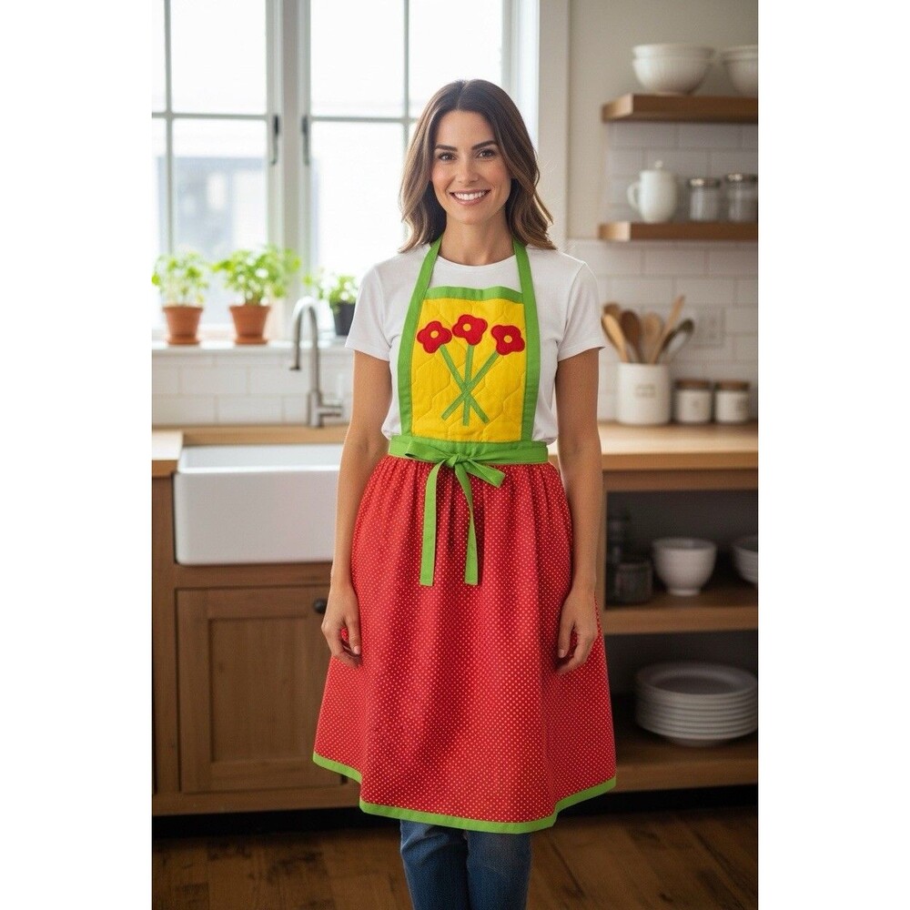 Judy’s Things,VTG Quilted Apron Yellow Red Polka Dots- Red Flowers Bouquet 80s